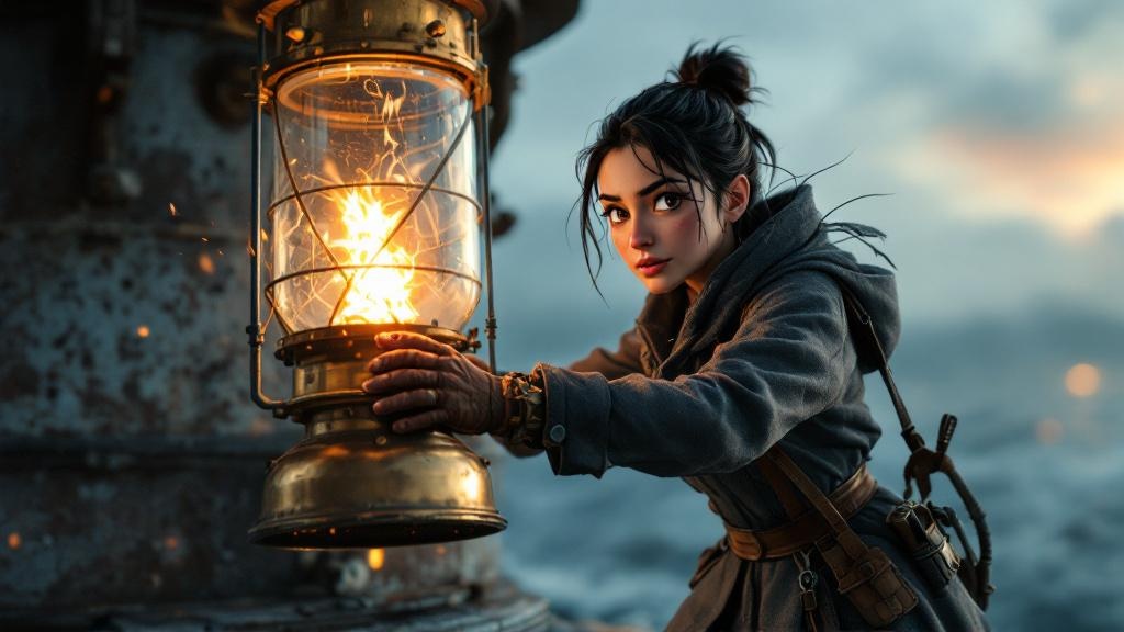 Storyboard panel: a young woman grips a glowing lantern at a coastal beacon at dusk.