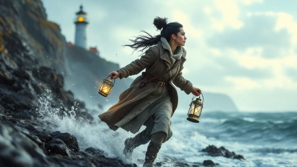 Storyboard panel: the woman runs along a rocky shore holding two lanterns, a lighthouse behind her.