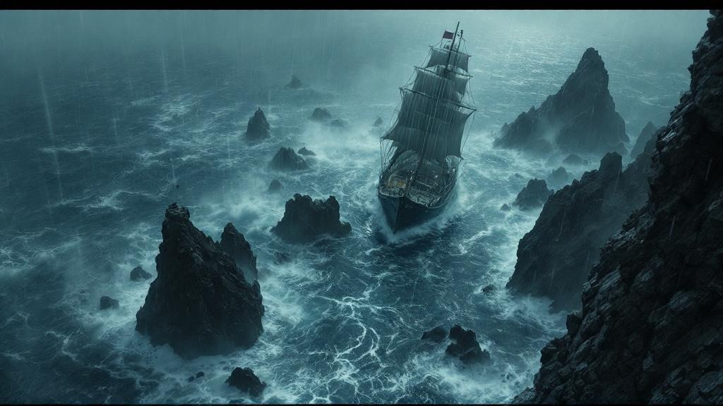 Storyboard panel: a tall sailing ship among sea stacks in a rainstorm.