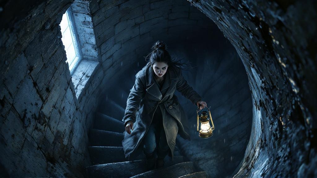 Storyboard panel: the same woman descends a blue-lit spiral staircase inside a bell tower.