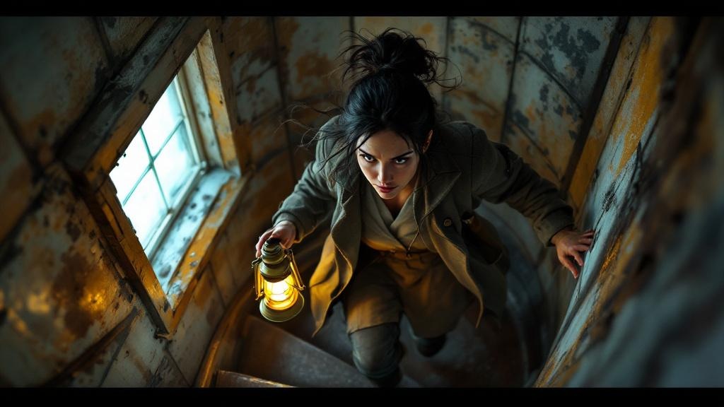 Storyboard panel: top-down view of the woman climbing a weathered stairwell with a lantern.