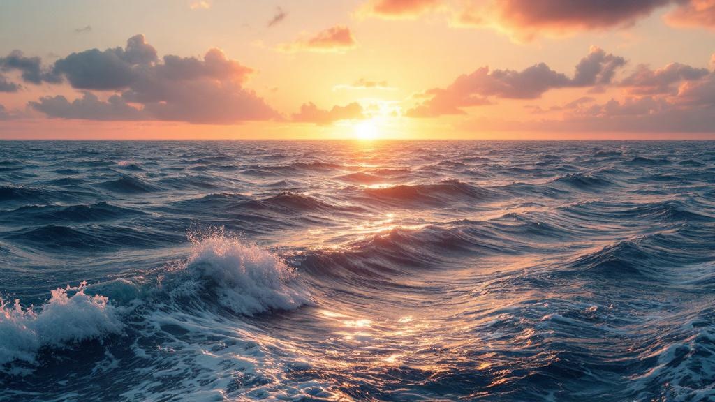 Storyboard panel: a warm golden ocean sunset seascape.