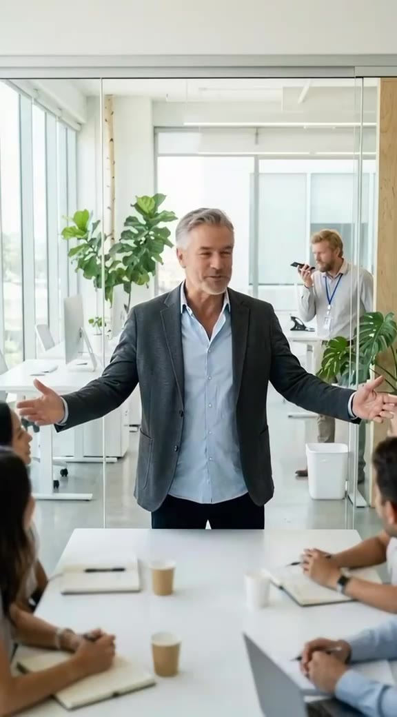 A smiling executive opens his arms to his team in a bright office.