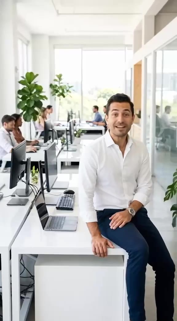 A man sitting on a desk reacts with surprise to good news.